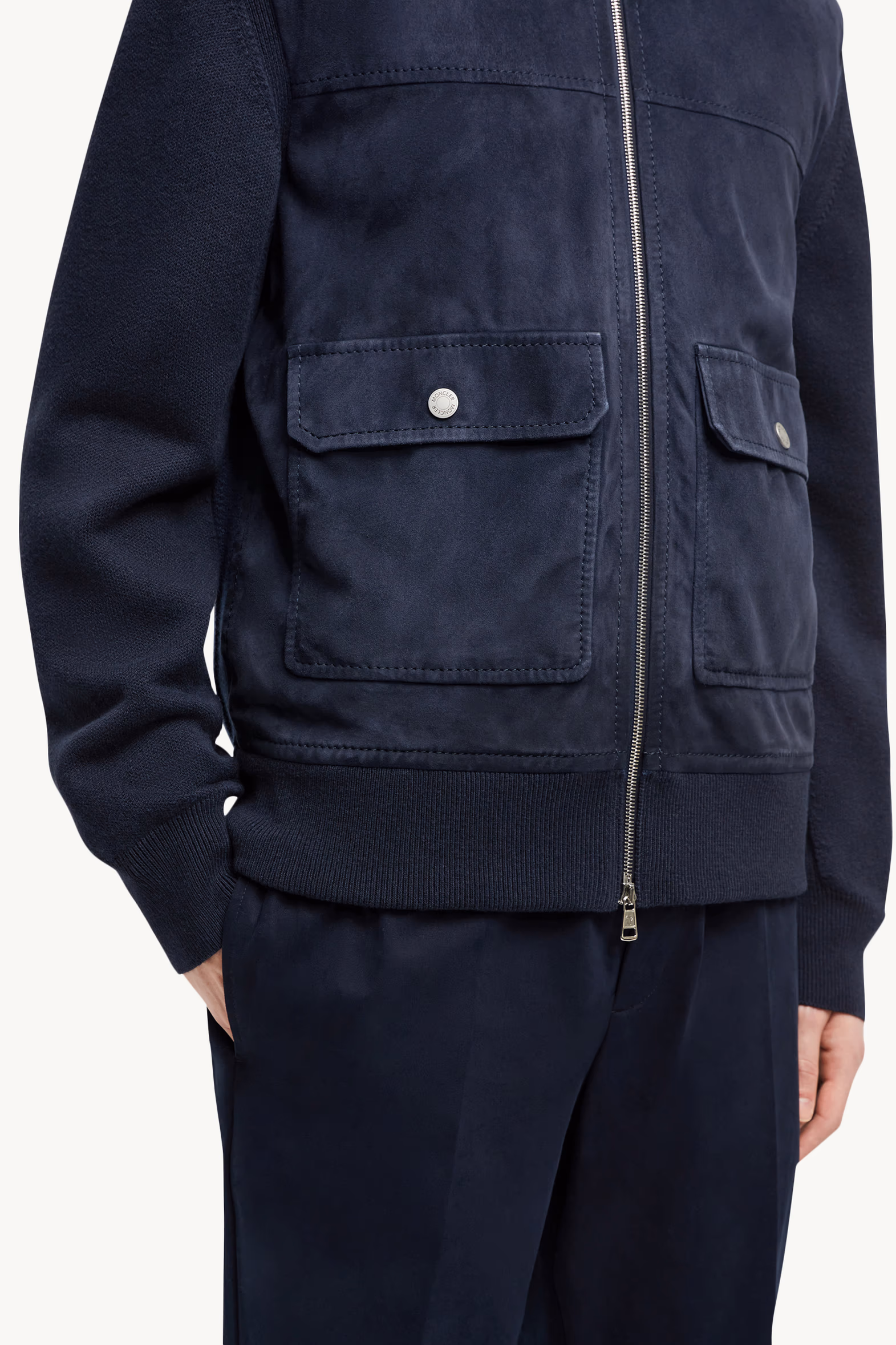 Cárdigan con cremallera de lana, algodón y ante Hombre Azul marino Moncler 6